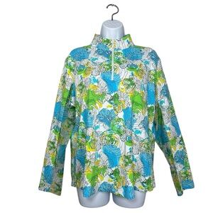 IBKUL Womens XL Blue Green Floral UPF 50+ Long Sleeve Mock Neck Quarter Zip Top
